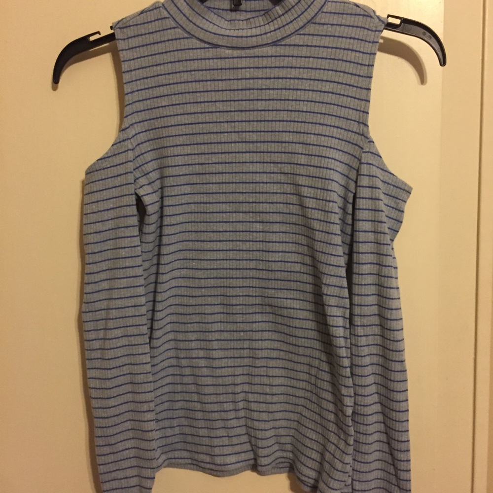Grey & Blue Striped Cold Shoulder Top